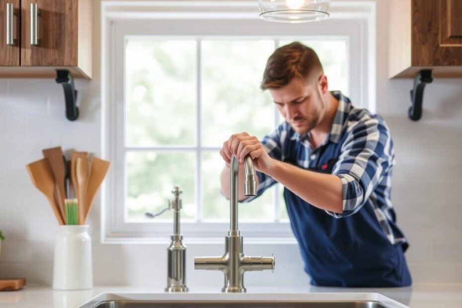 handyman repairing kitchen faucet